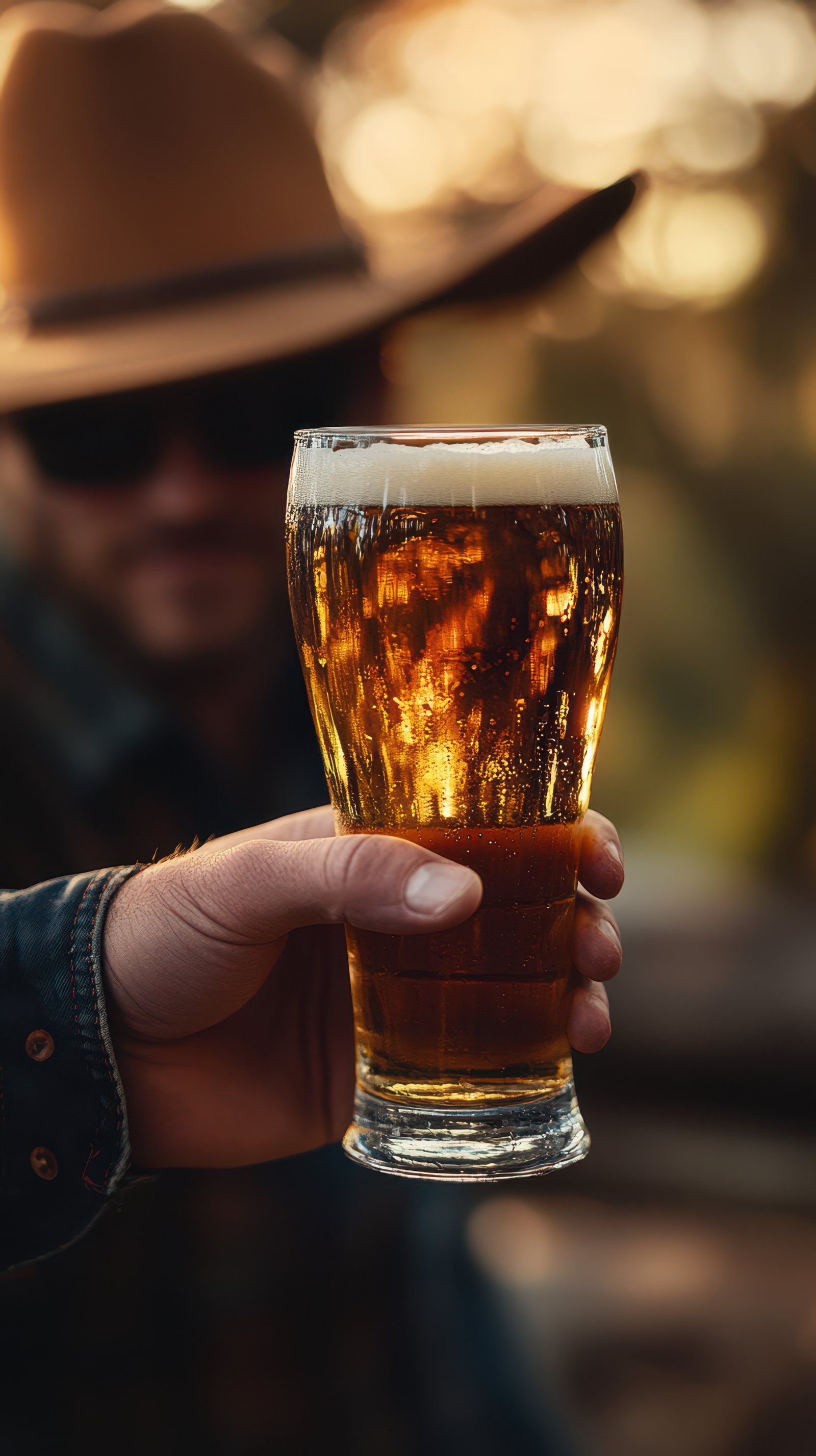 Enjoying a refreshing glass of golden beer outdoors during sunset with a cowboy hat in background